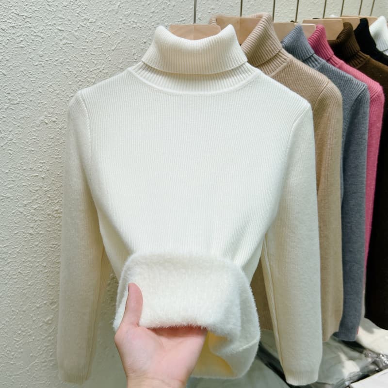 Suéter cuello alto forrado otoño invierno, ajuste ceñido y cálido