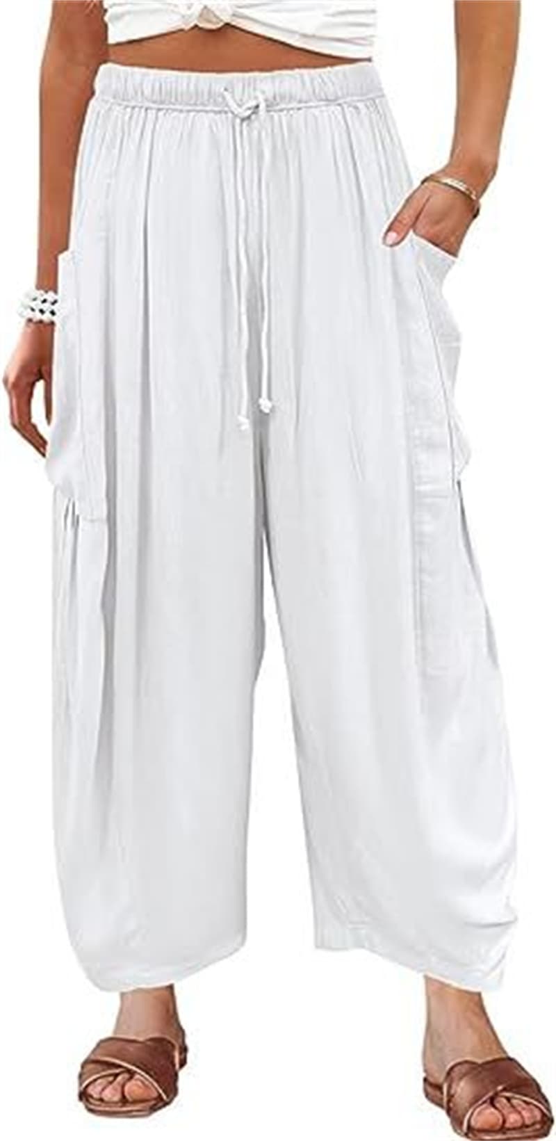 Pantalones de pierna ancha elástica cintura alta verano