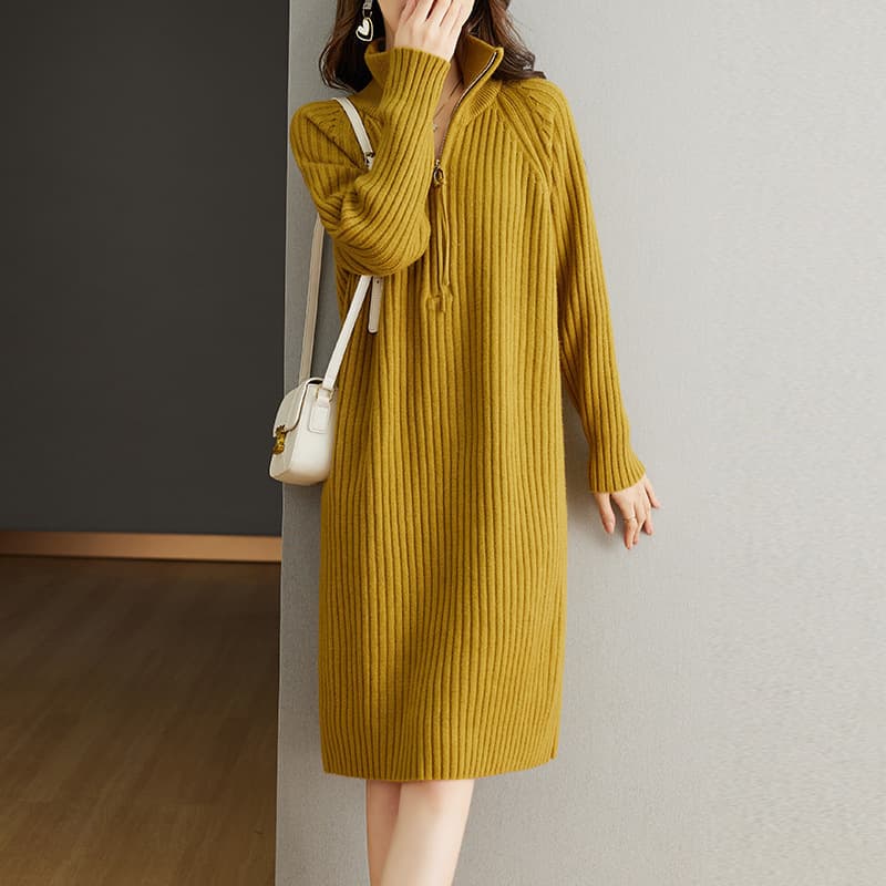 Suéter vestido cuello alto con cierre, tejido suelto