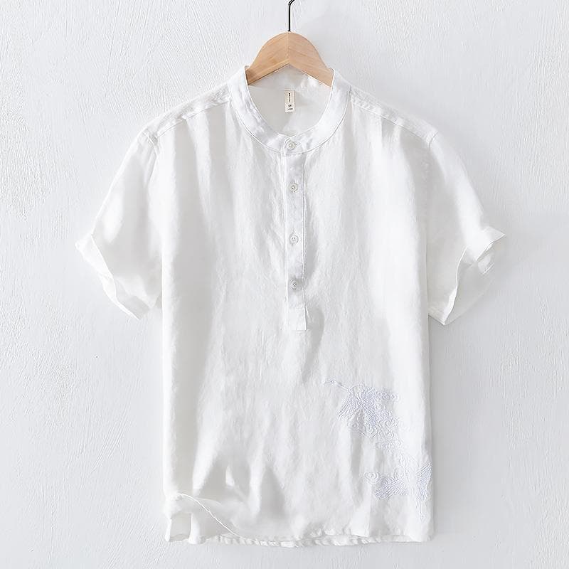 Blusa para hombre de lino con manga corta y bordado