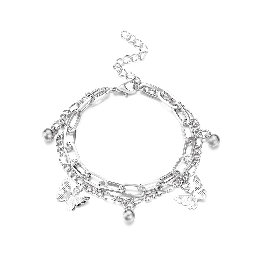 Pulsera de tobillo doble capa con diseño de mariposa