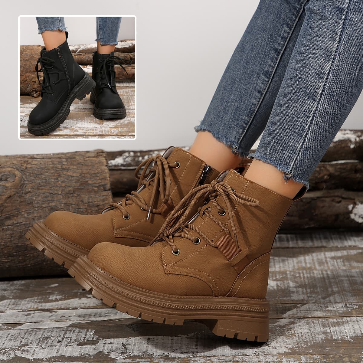 Botas de caña baja con cordones, tacón robusto para mujer