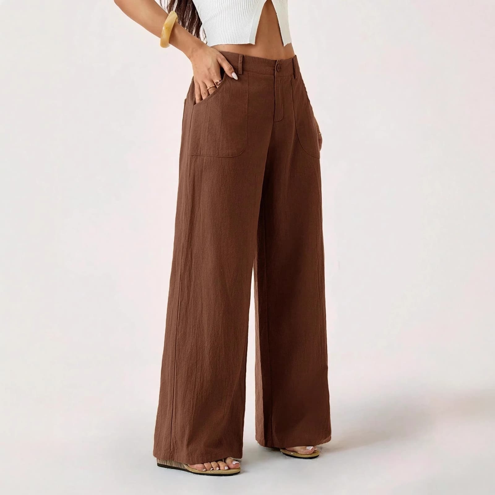 Pantalón ancho de algodón lino para mujer, talle medio