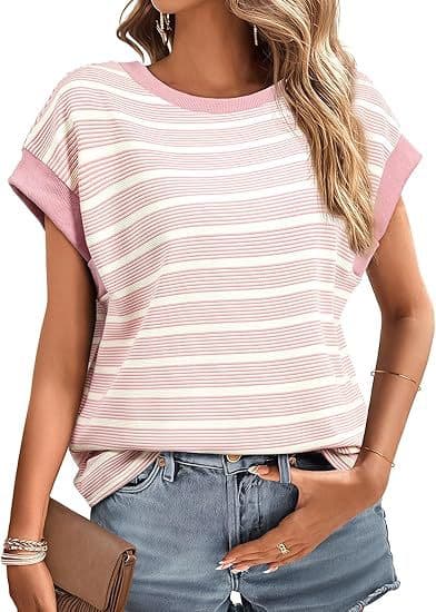 Playera de punto a rayas, cuello redondo holgado para mujer
