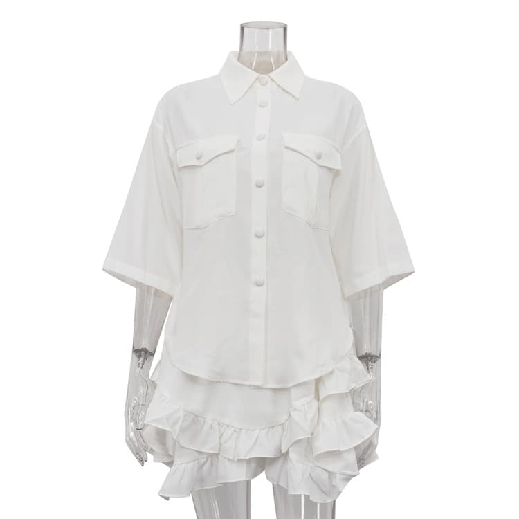 Conjunto de dos piezas con falda de volantes y camisa de solapa