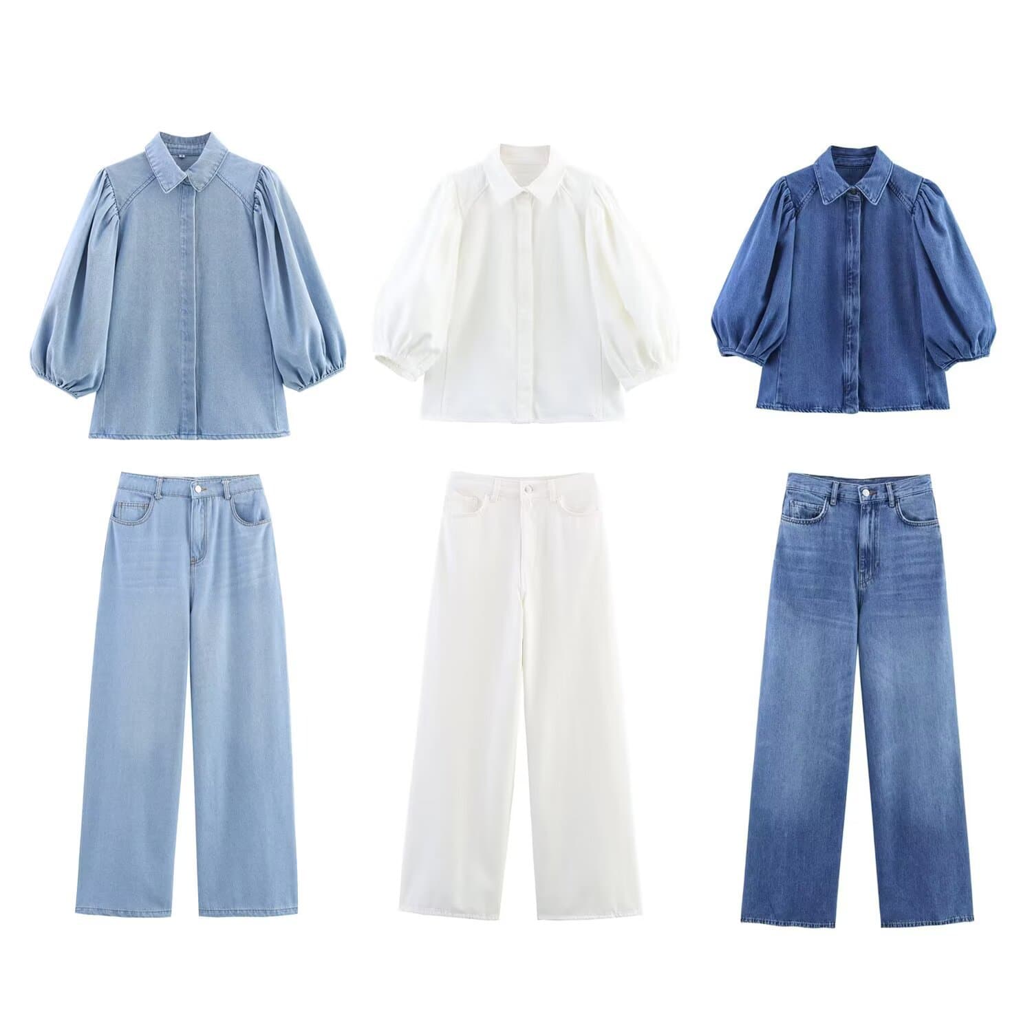 Conjunto de camisa y pantalón vaquero con mangas voluminosas para mujer