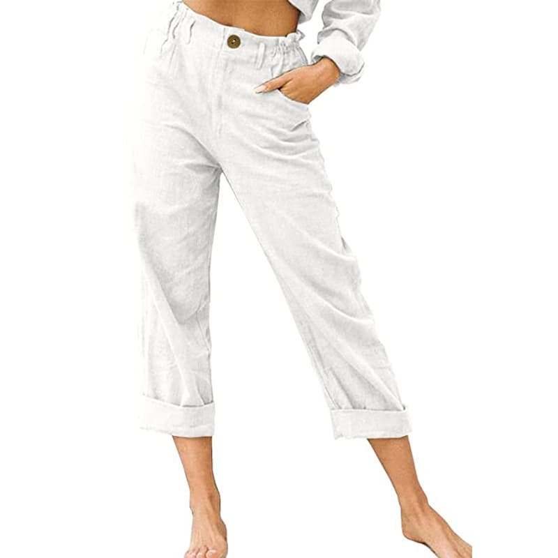 Pantalones largos casuales para mujer de algodón y lino