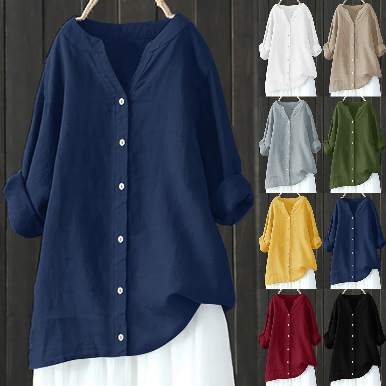 Camisa de algodón con botones y manga larga para mujer