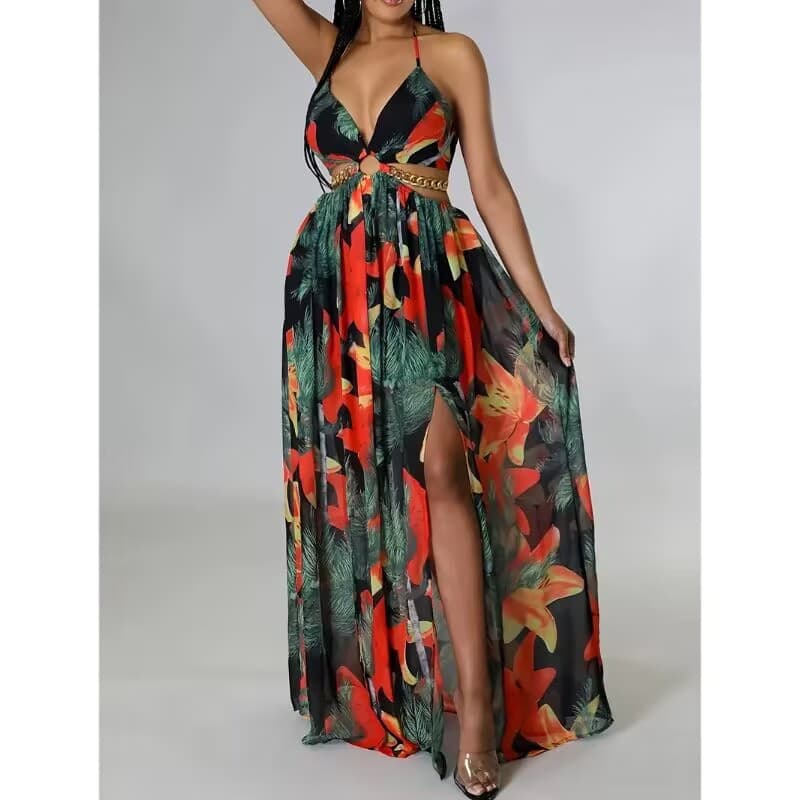 Vestido largo floral sin espalda para mujer