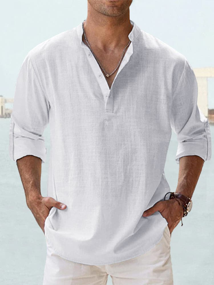 Camisa casual de algodón y lino con manga larga para hombre