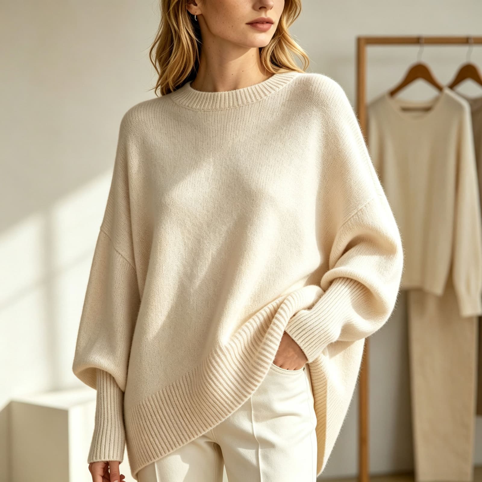 Sudadera suelta de punto lisa para mujer
