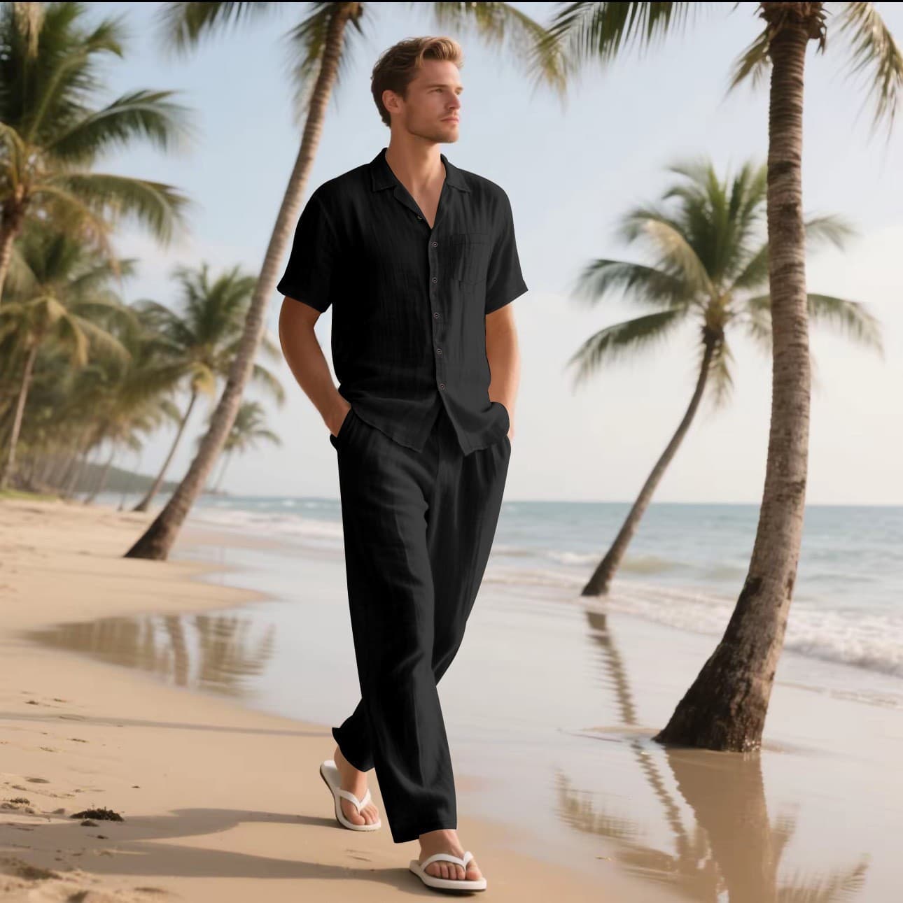 Conjunto de playa transpirable con camisa y pantalón de lino