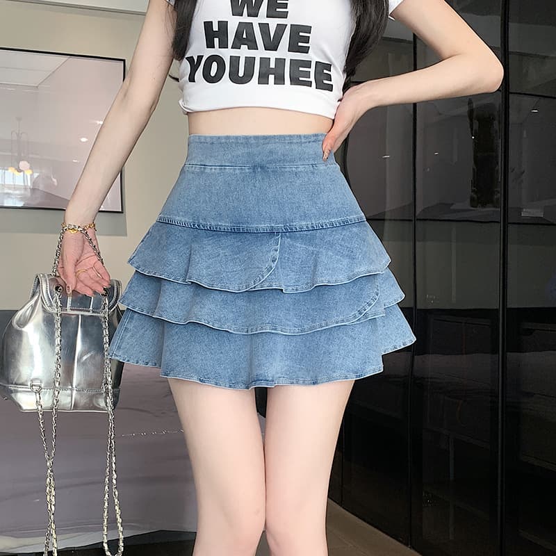 Falda de denim con cintura alta y capas volantes
