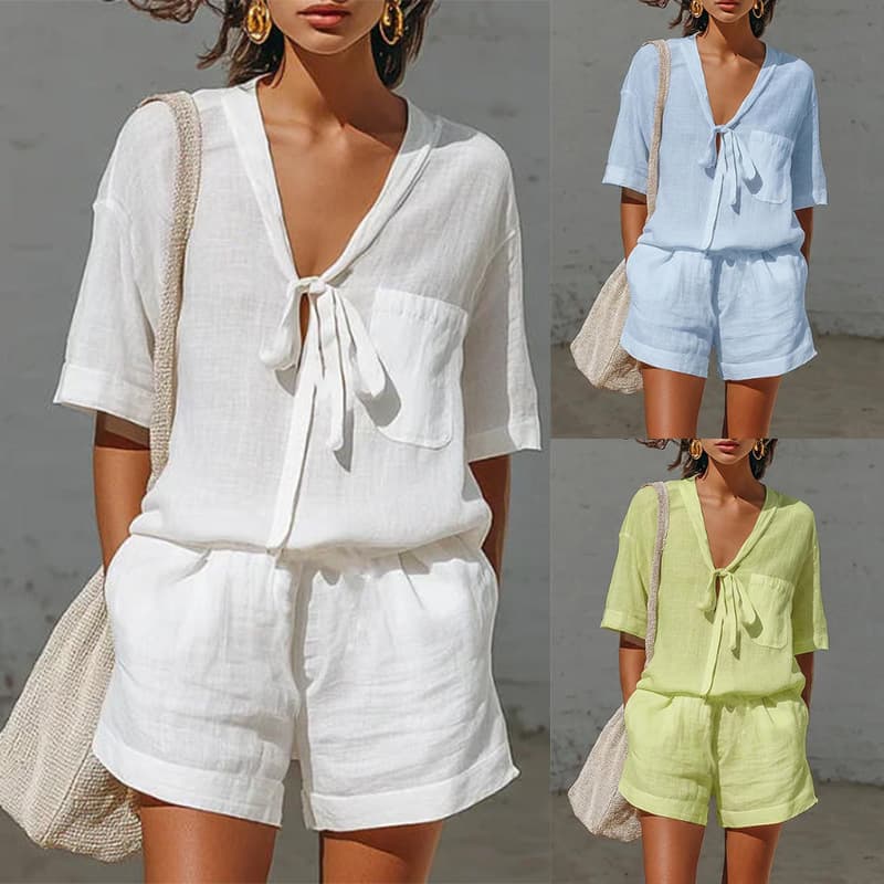 Conjunto verano: camisa manga corta con cordones y shorts