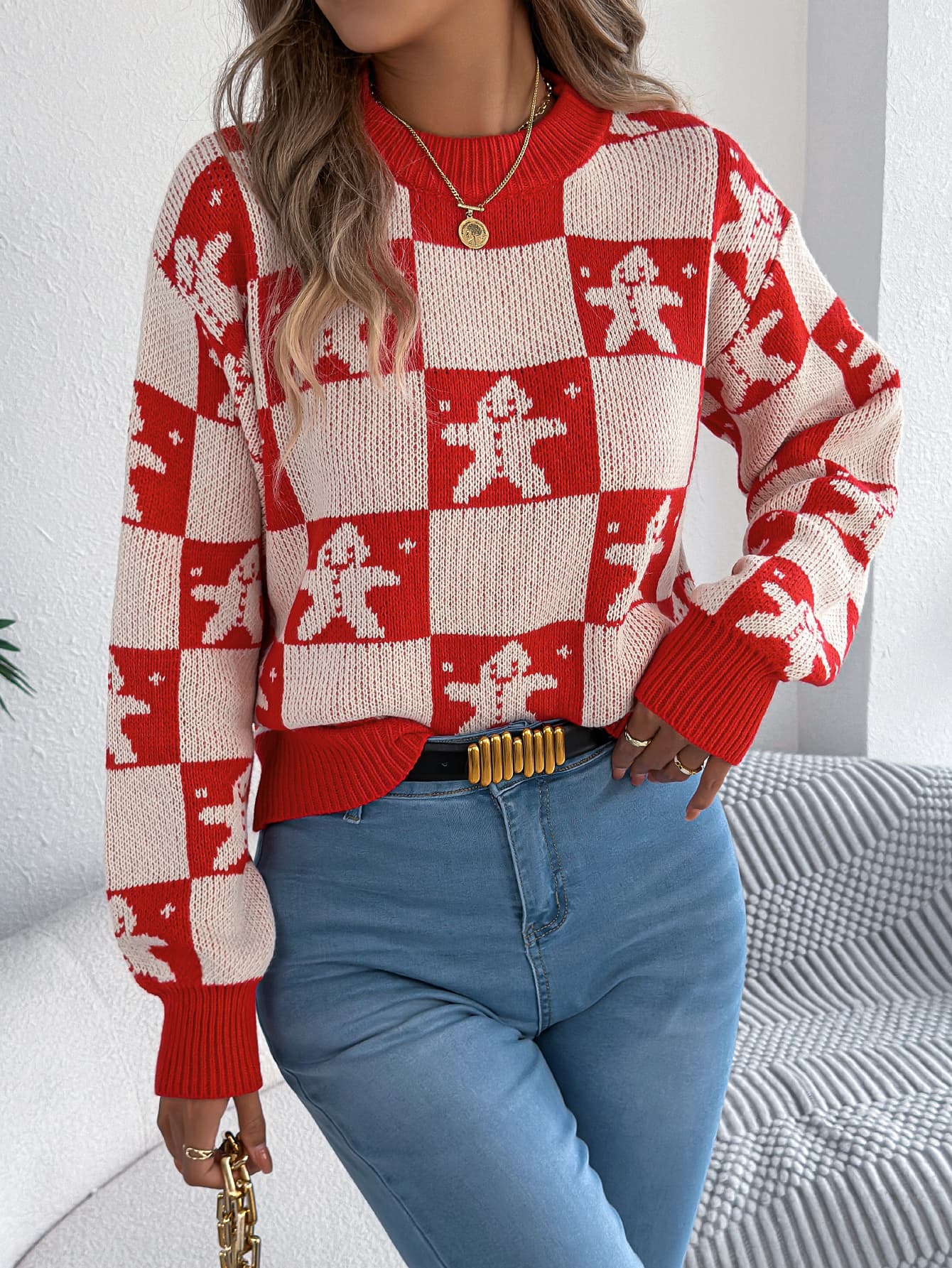 Suéter pullover con muñeco de nieve y cuadros