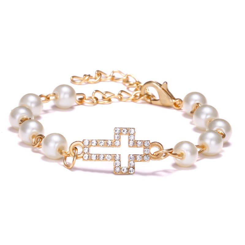 Pulsera ajustable de aleación con circonitas y perlas