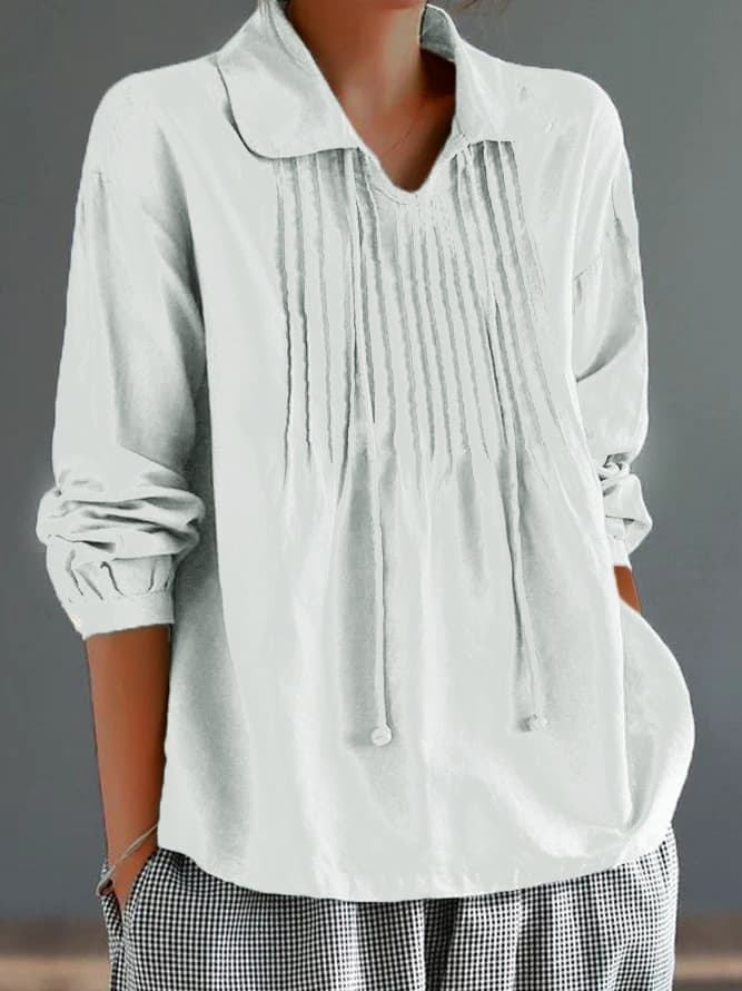 Blusa algodón y lino manga ranglan con solapas plisadas 3D