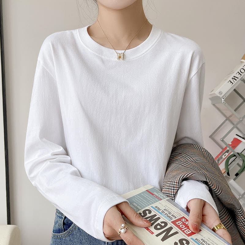 Camiseta de algodón pesado manga larga cuello redondo