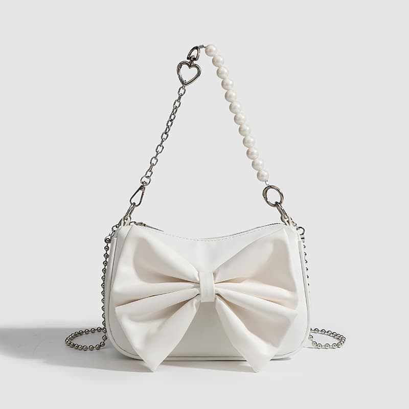 Bolso de hombro PU con lazo y cadena de perlas para mujer