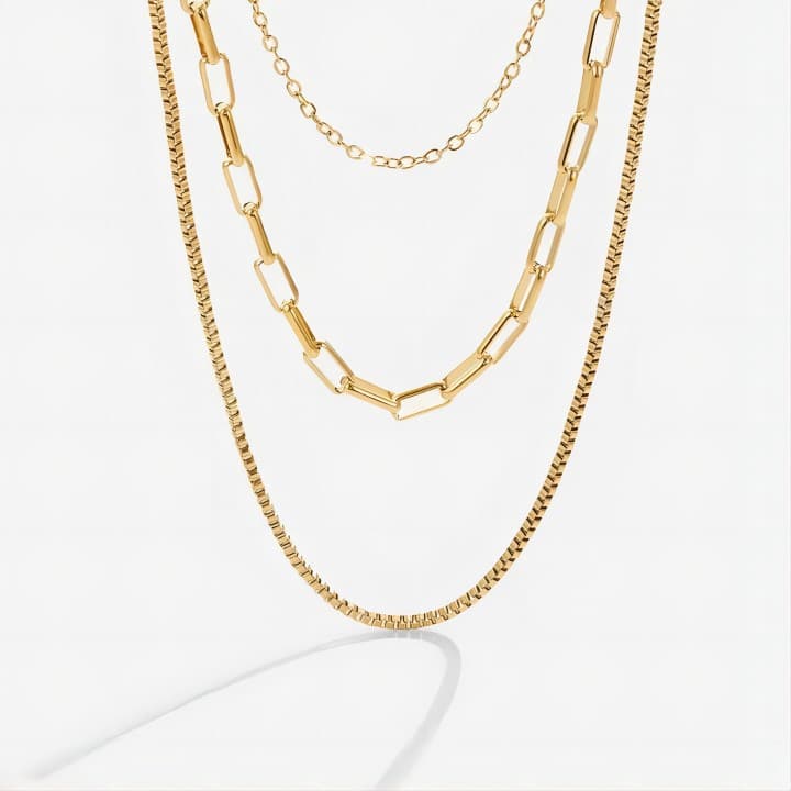Collar triple chapado en oro cadena box chain acero inoxidable