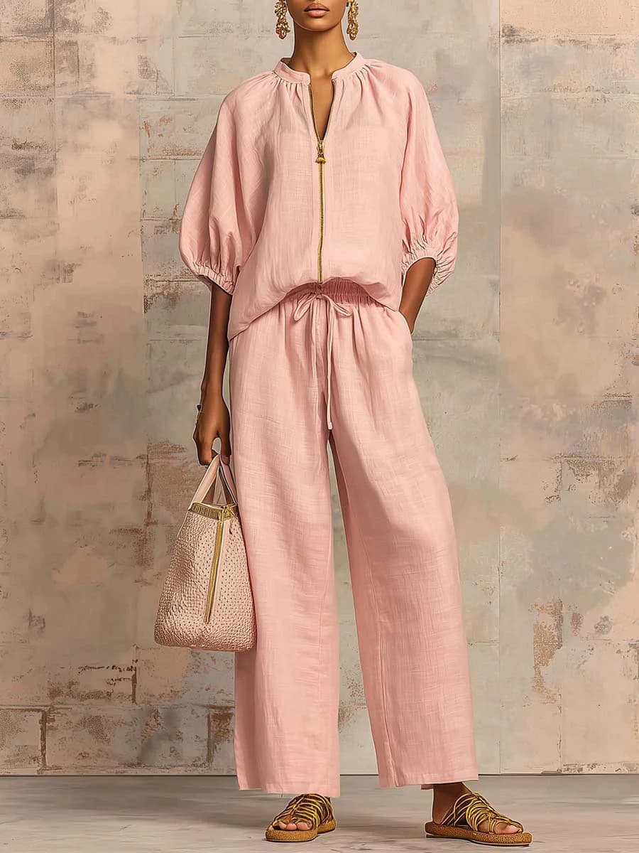 Conjunto de blusa con cierre y pantalones de pierna ancha