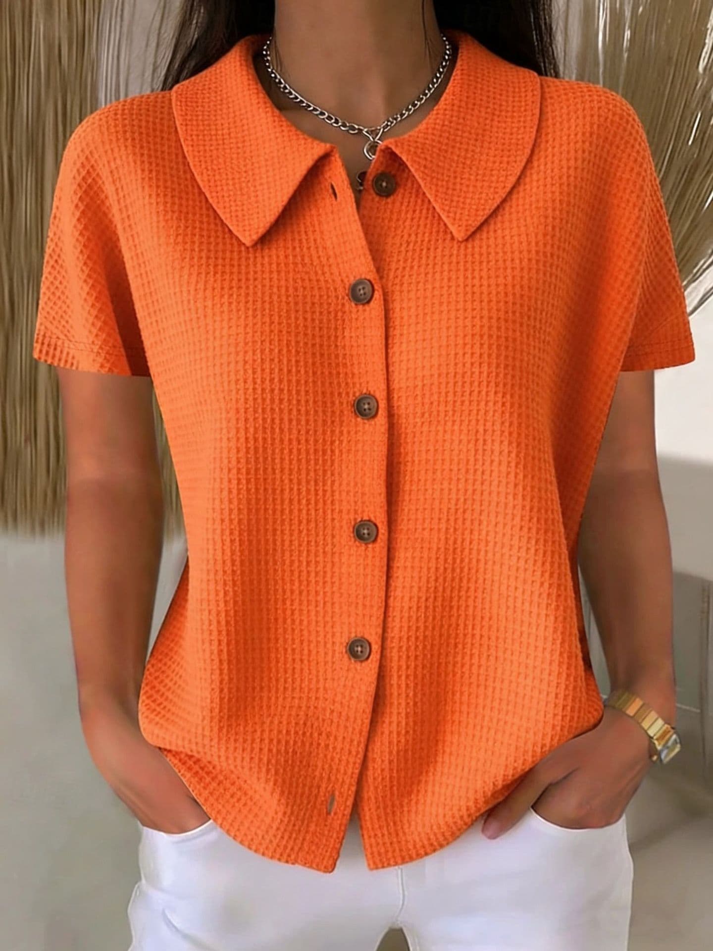 Blusa mujer cuello bajo tejido waffle manga corta