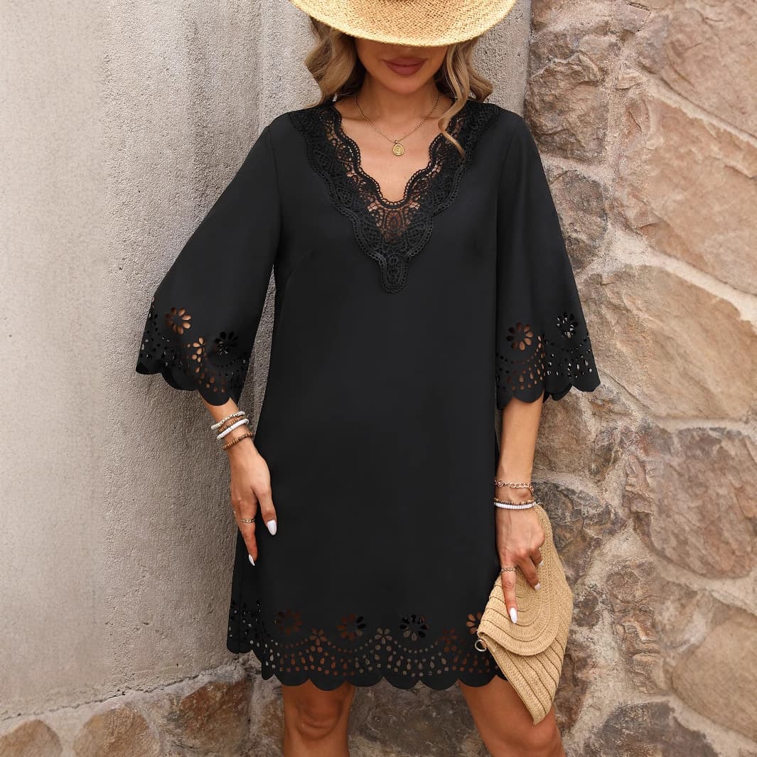 Vestido de encaje con escote V y mangas medias, silueta A-line