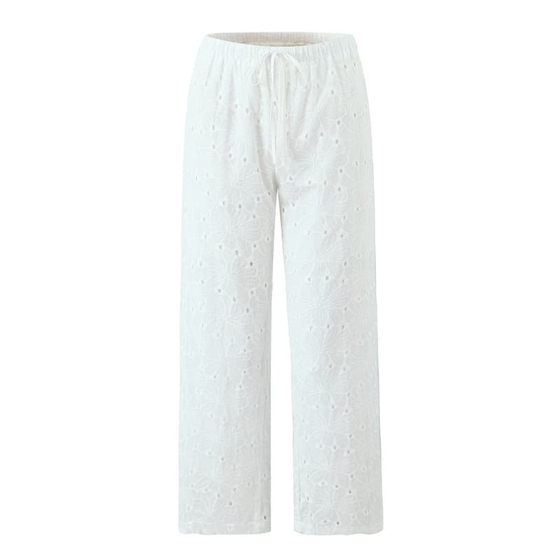 Pantalones rectos con bordado hueco y cordones