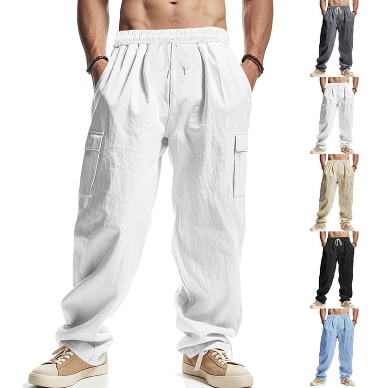 Pantalones de lino con múltiples bolsillos, transpirables