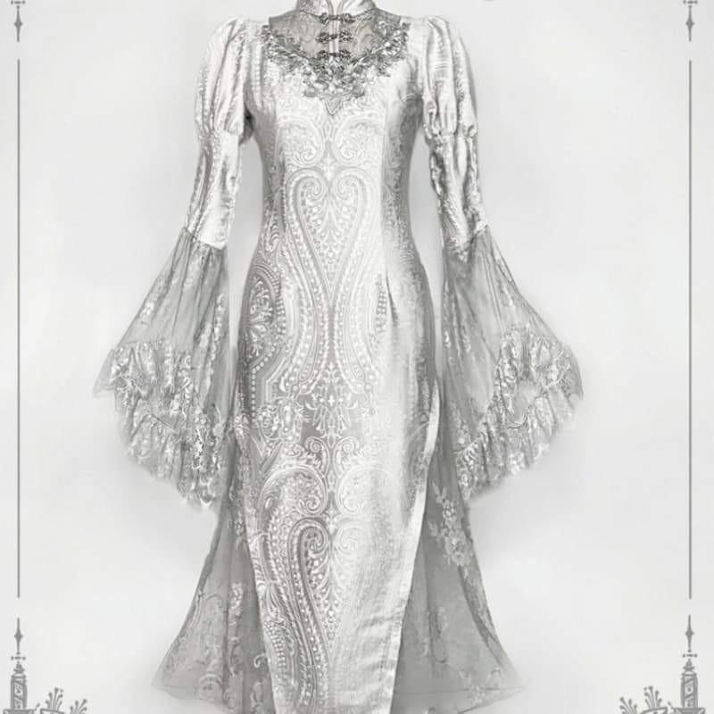 Vestido cheongsam mejorado con encaje jacquard y faldón de sirena