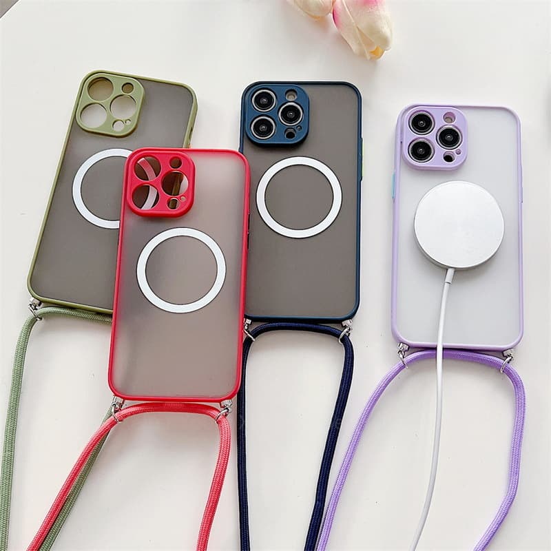 Funda iPhone transparente con cordón magnético