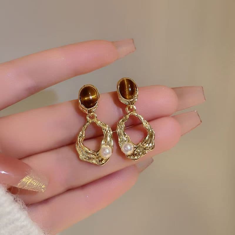 Aretes irregulares estilo vintage Hong Kong con perla para mujeres
