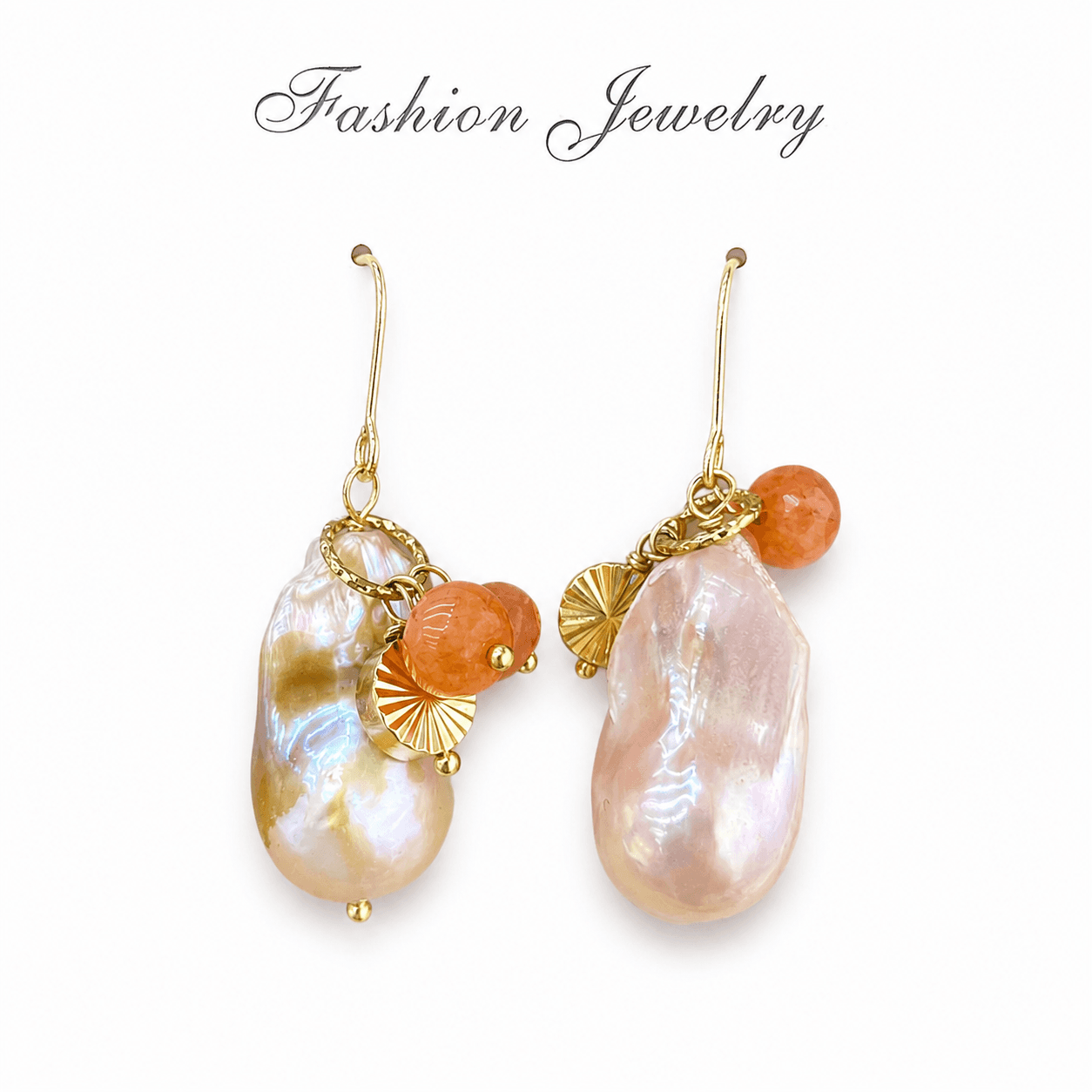 Aretes de perla barroca con ágata naranja