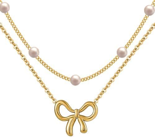 Collar choker de perlas dobles con baño oro y moño