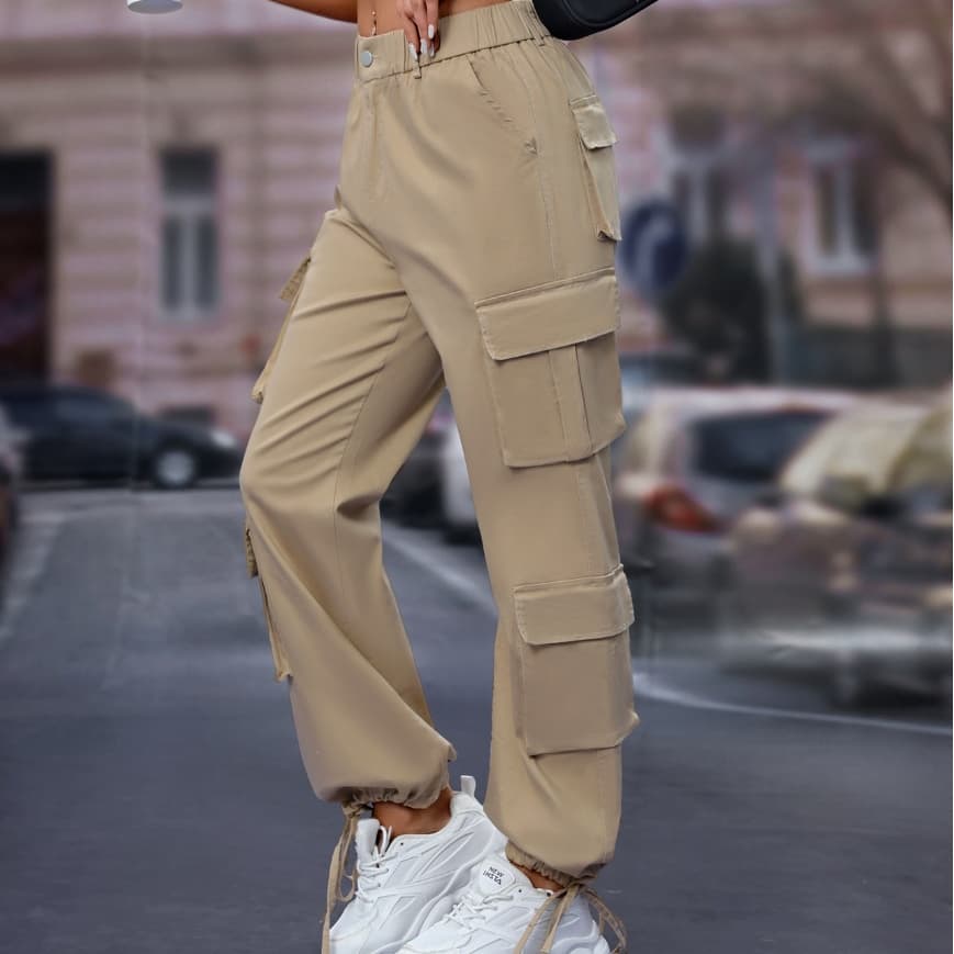 Pantalones casuales sueltos de cintura alta con bolsillos