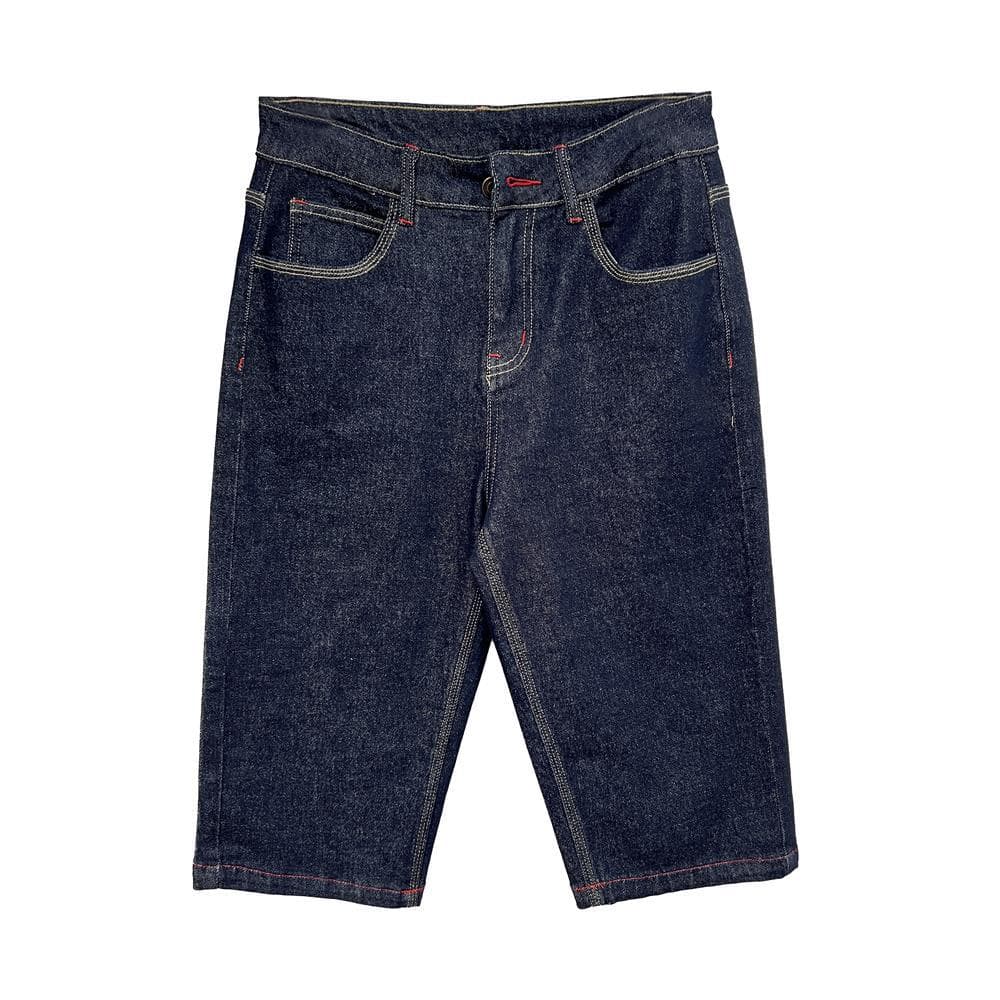 Pantalones denim rectos con costuras rojas, cintura media