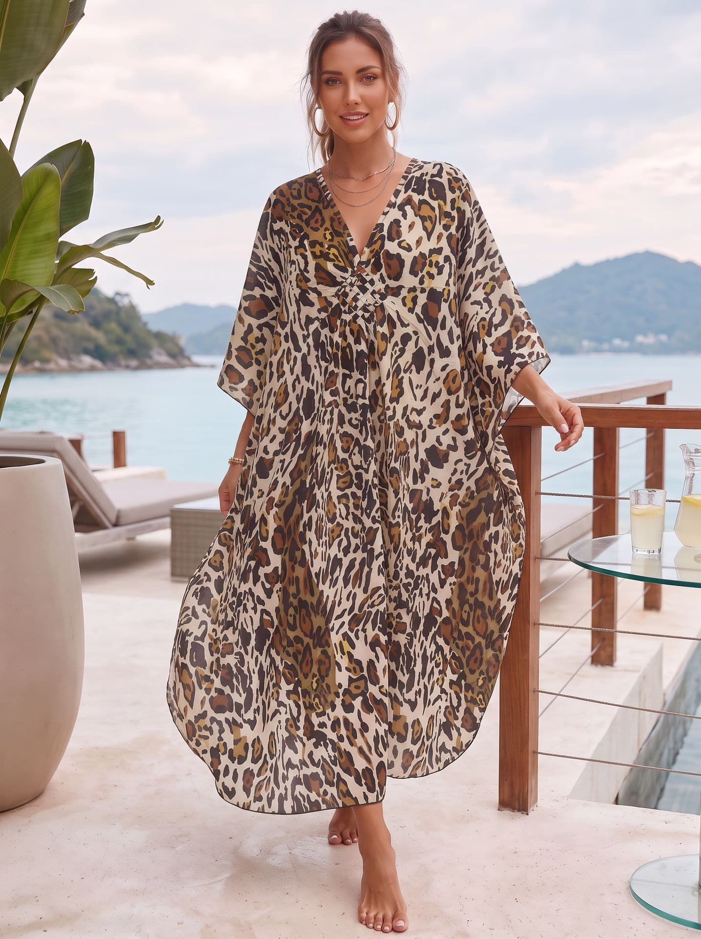 Capa de playa estampado leopardo, tejida de rayón
