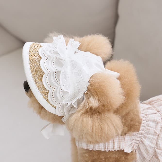 Sombrero de paja con encaje ajustable para mascotas