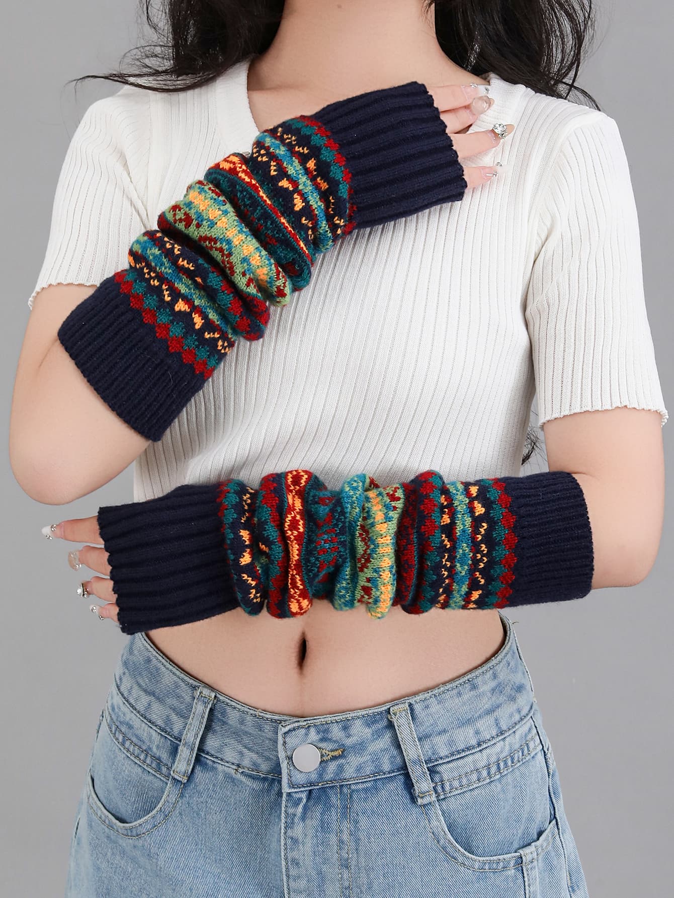 Guantes sin dedos Boho tejidos cálidos