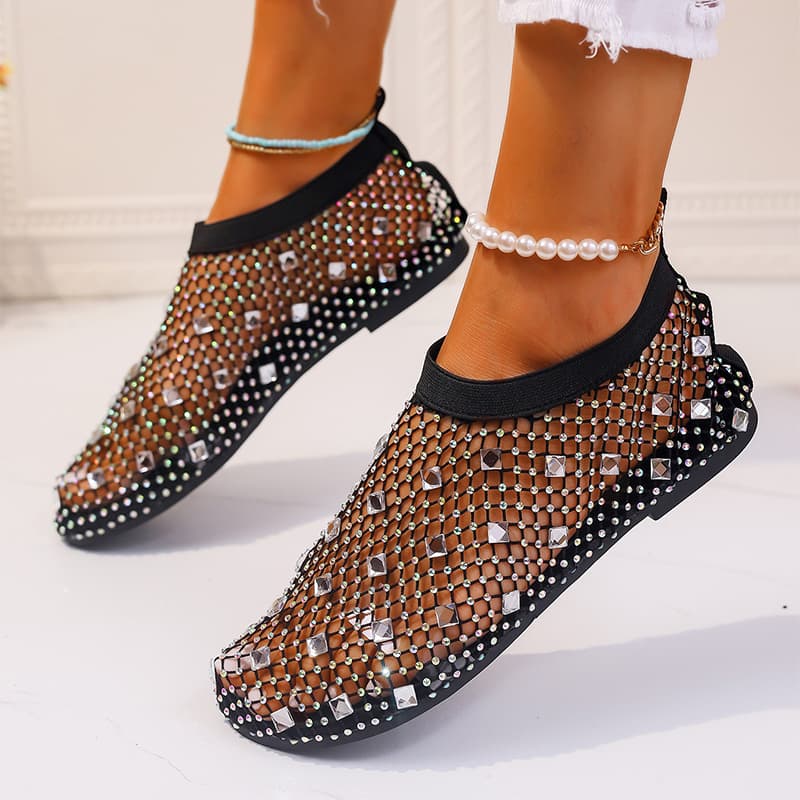 Sandalias planas de malla con diseño de strass