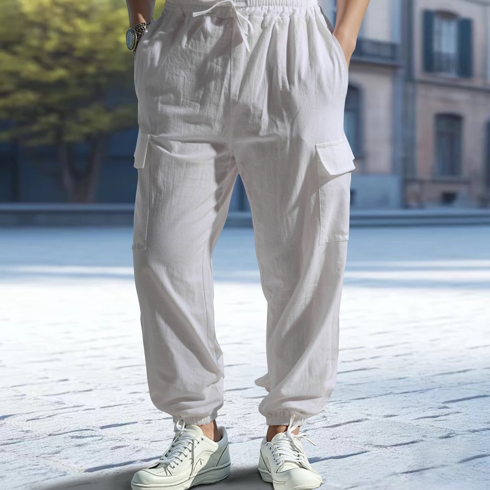 Pantalones casuales multibolsillo rectos