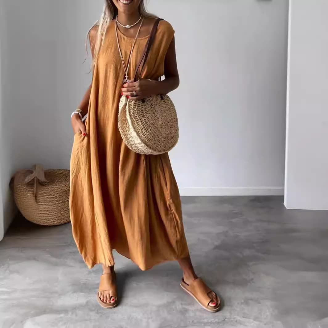 Vestido casual midi de algodón con bolsillos y cintura alta