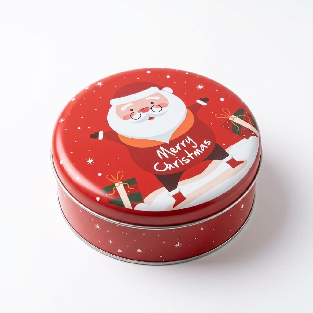 Lata decorativa redonda navideña con diseño de Santa