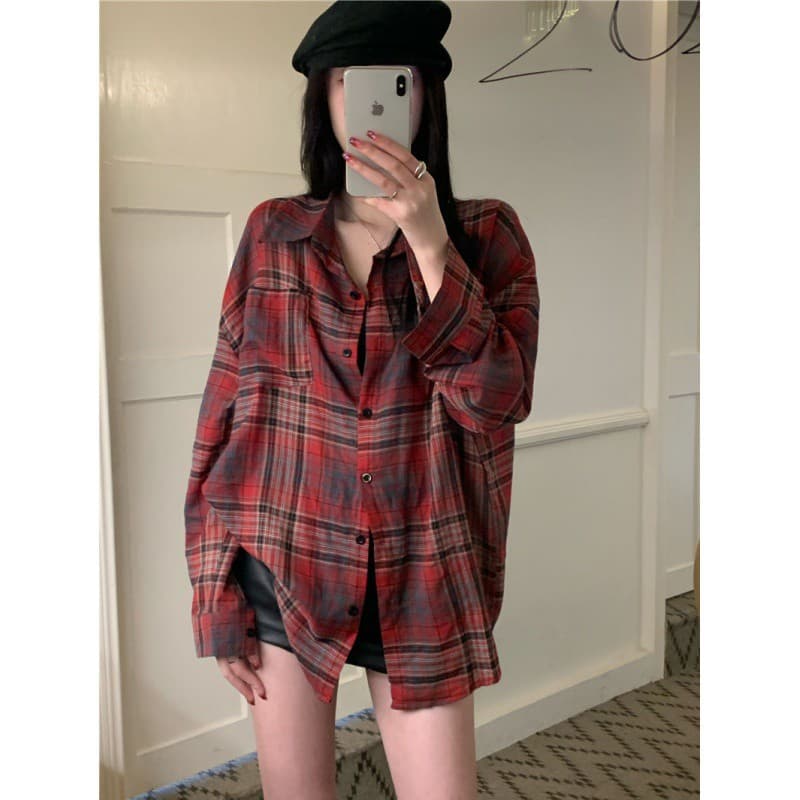 Blusa cuadrille suelta con botones estilo Hong Kong