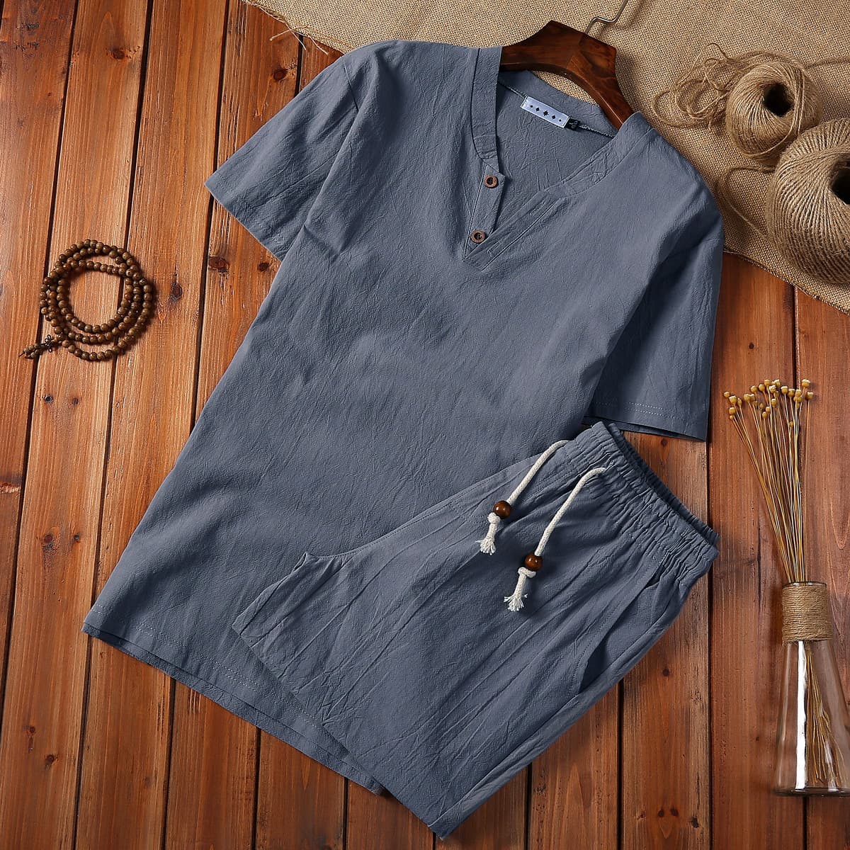 Conjunto casual de algodón y lino con escote V