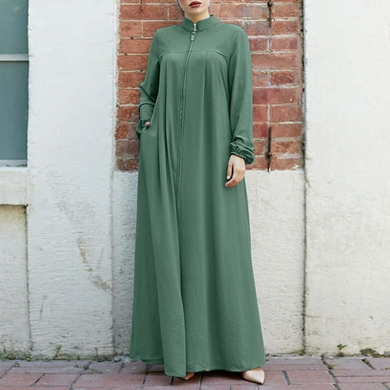 Vestido cardigan con cuello parado y cierre frontal