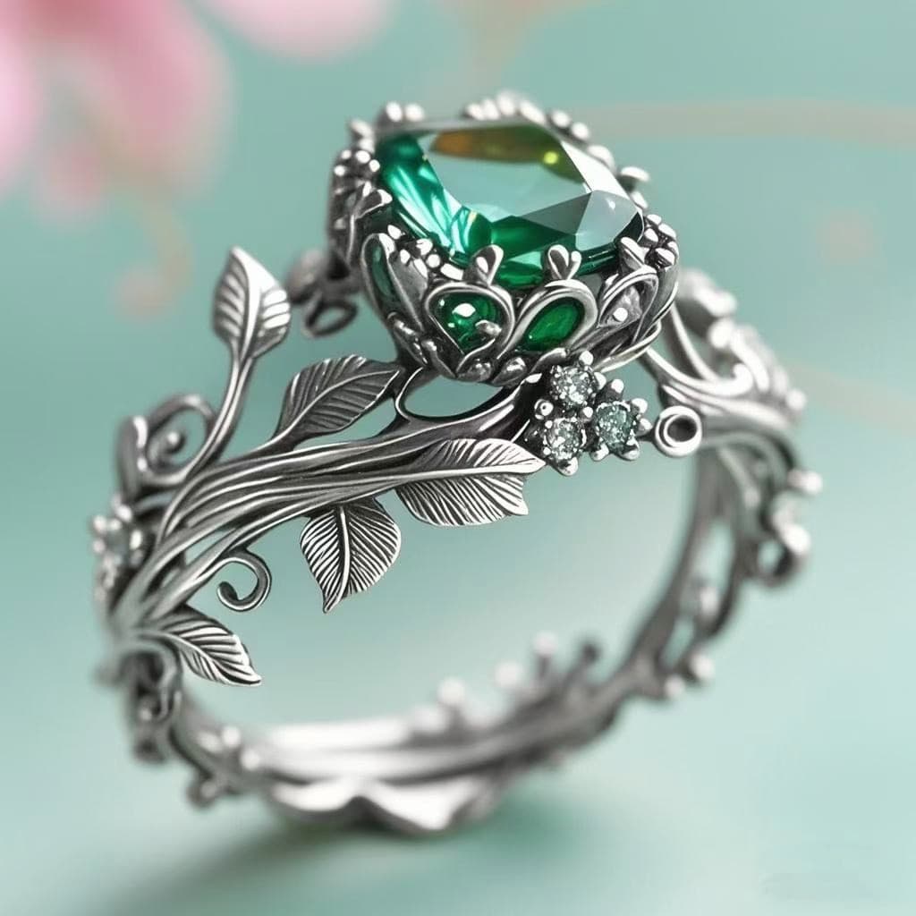 Anillo tótem vintage con cristal verde incrustado