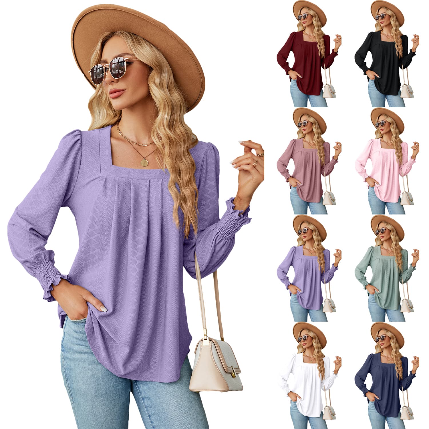 Blusa mujer cuello cuadrado con pliegues, jacquard