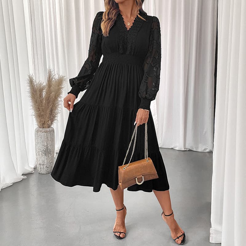 Vestido elegante con escote V, cintura ajustada y encaje