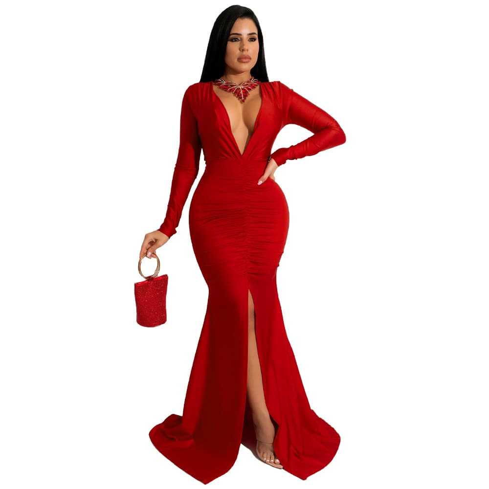 Vestido largo ajustado con escote V e dobladillo irregular